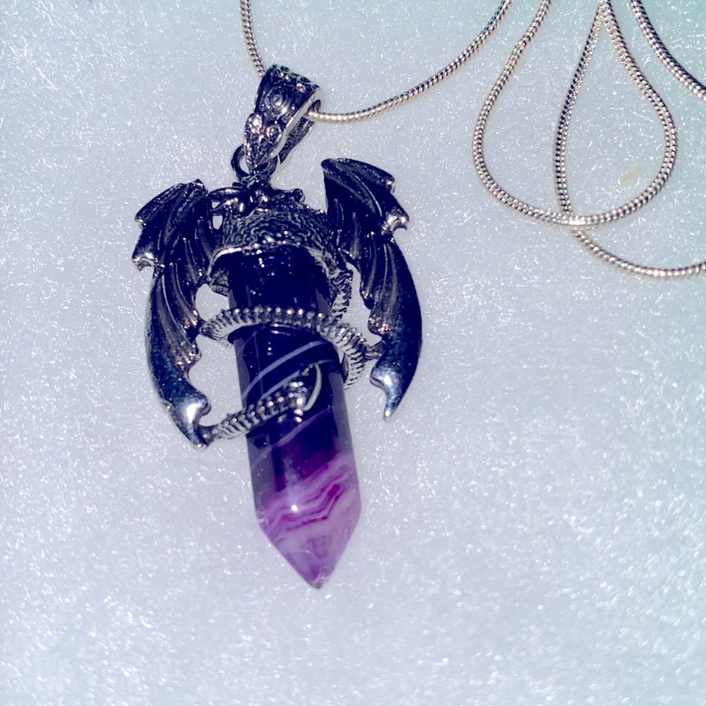 Boho hippie Amethyst Dragon Sterling Silver 24” Necklace